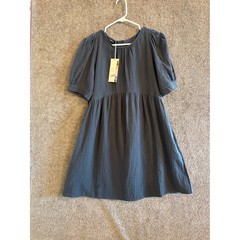 DOKOTOO Puff Sleeve Gathered Waist Dress Dark Gray Cotton Size S