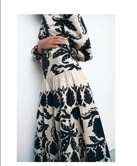 ZARA Black Ivory White Floral Maxi Ruffle Dress Puffy Sleeve Boho Art To Wear M
