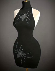 Large Black RHINESTONE SPIDER Bodycon. Sleek Knit Backless Mini Dress. SCARY!