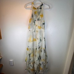 Anthropologie Floral Halter Maxi Dress Yellow White Ruffle Tiered Pleated Size 8
