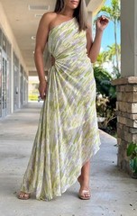 AAKAA Lavender Asymmetrical Cut Out One Shoulder Pleated Midi Maxi Scarf Dress L