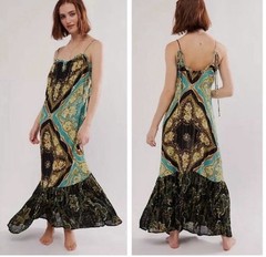 Bohemian Multicolor Paisley Sweetheart Tie Back Ruffle Hem Maxi Dress XS