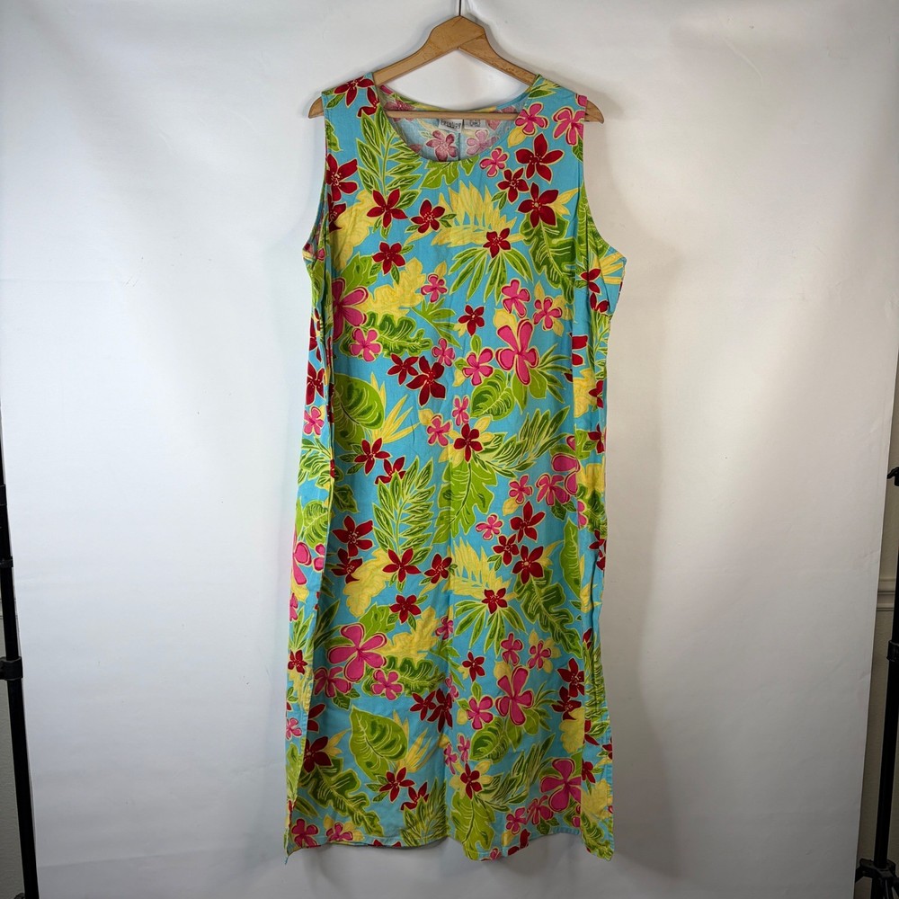 Carolina Colours Plus Maxi Dress Womens 24W Blue Tropical Floral Linen Rayon