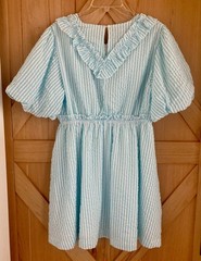 NWT Merci Aqua White Large Smock Ruffle Puff Sleeve Seersucker Dress Coastal