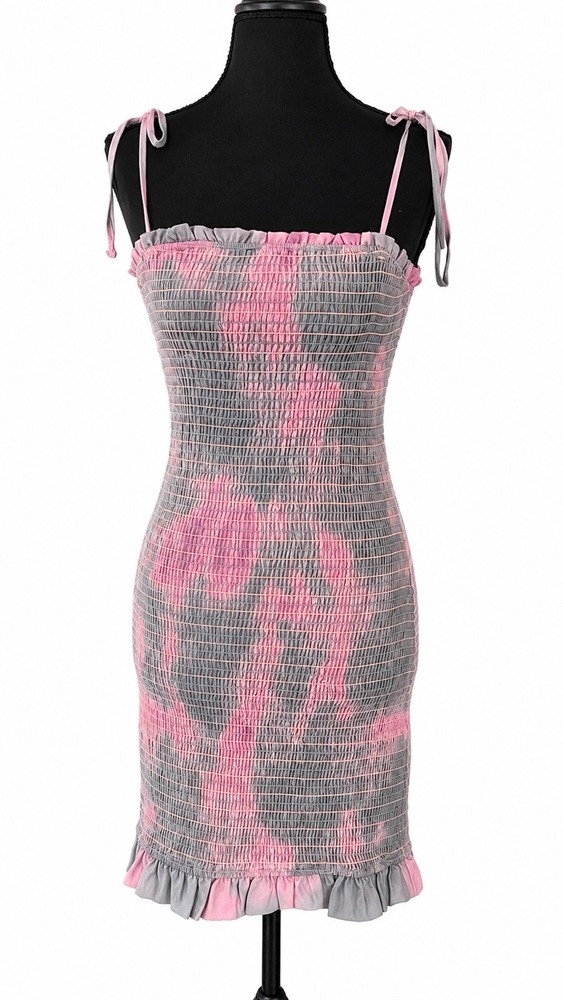 STORIA Smocked Tie Strap Ruffle Hem Midi Dress Pink Gray Size Medium