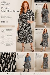 Mlle Gabrielle Women’s Black White Printed Midi Shirt Dress Belted 1X