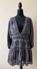 Free People Gray Boho Mini Dress M-L Crochet Lace Cutout Plunge Peasant Tunic