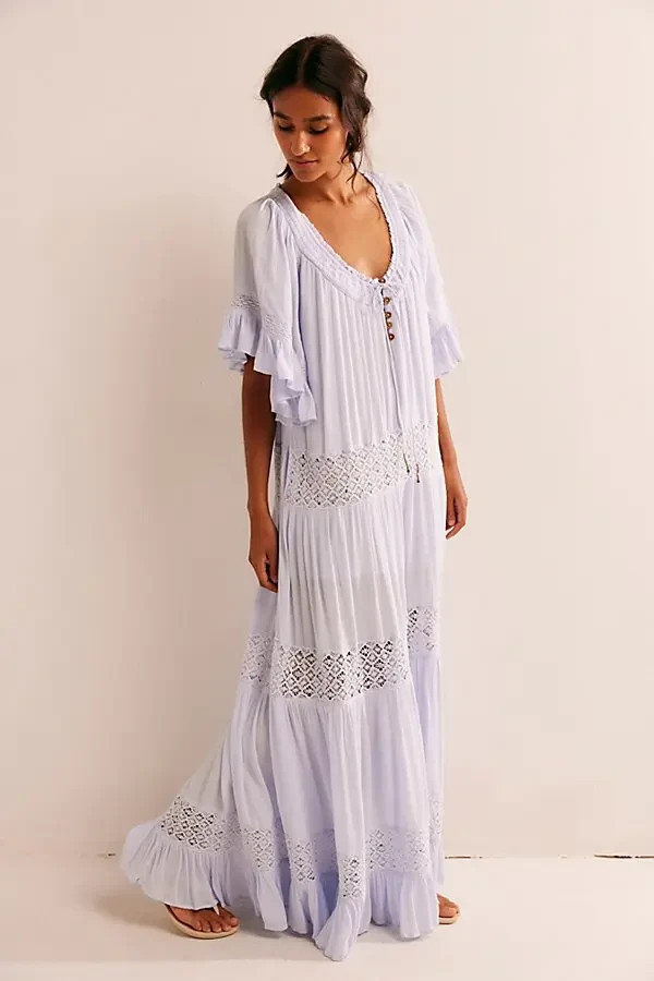 Free People Free est Dream On Maxi Dress Crochet Flutter Sleeve Embroidered S