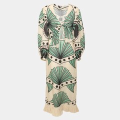 Johanna Ortiz BeigeGreen Palm Print Linen and Straw Maxi Dress M
