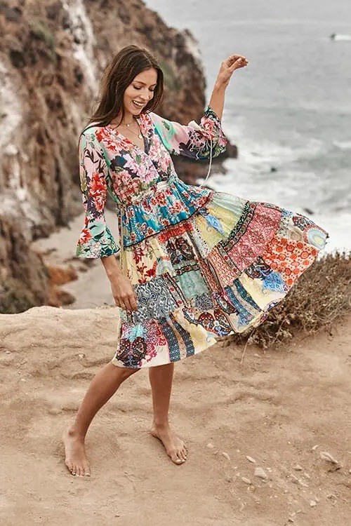 NWT JOHNNY WAS GIGI SILK PATCHWORK PEASANT DRESS W/ SLIP SMALL $378RRP