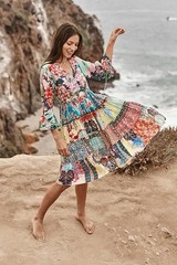 NWT JOHNNY WAS GIGI SILK PATCHWORK PEASANT DRESS W/ SLIP SMALL $378RRP