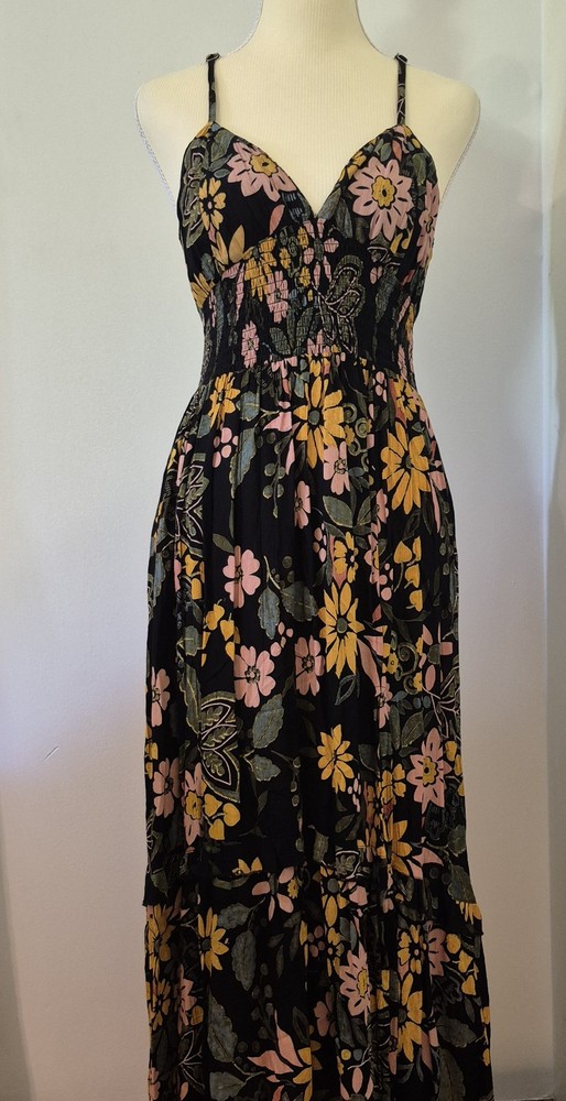 Angie S Boho Smocked Floral Maxi Dress Sundress Tie Back Empire Waist Summer Y2K