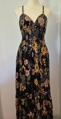 Angie S Boho Smocked Floral Maxi Dress Sundress Tie Back Empire Waist Summer Y2K