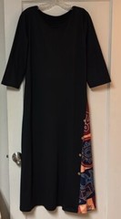 Long Black Knit dress 3/4 Sleeve with Colorful Print Insert Button Detail Size L