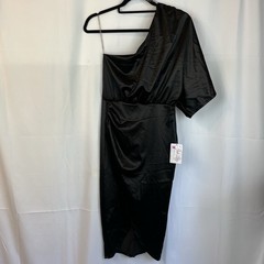 One Shoulder Satin Silk Dress Black XS Party Cocktail 90s Retro 80s Front Slit