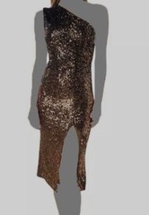 $258 Dress The Population Women&rsquo;s Gold Sequined One-Shoulder Midi Dress Size S
