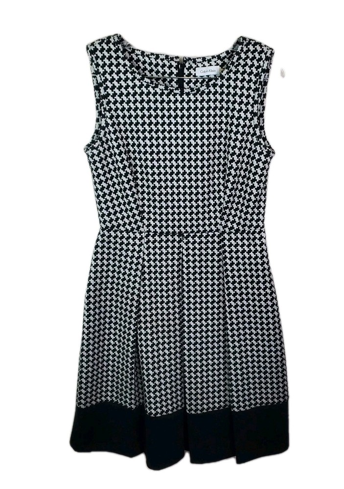 Calvin Klein Sleeveless Houndstooth A Line Pleated Dress Fit & Flare Women Sz 8