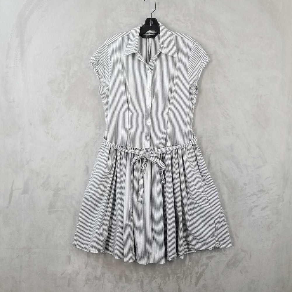 Norma Kamali Dress Women XL Striped Cotton Belted Pockets Shirtdress Coastal