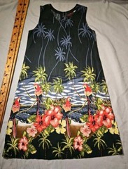 Tiki Palm Dress Womens Medium Black Floral Tropical Bird Parrots Midi Palm Trees