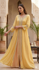 Yellow, open-front kaftan-style abaya with silver embroidered