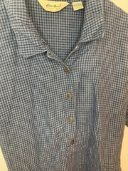 Eddie Bauer 100% Linen Maxi Dress Women’s Large Blue Plaid Half Button Tie Back