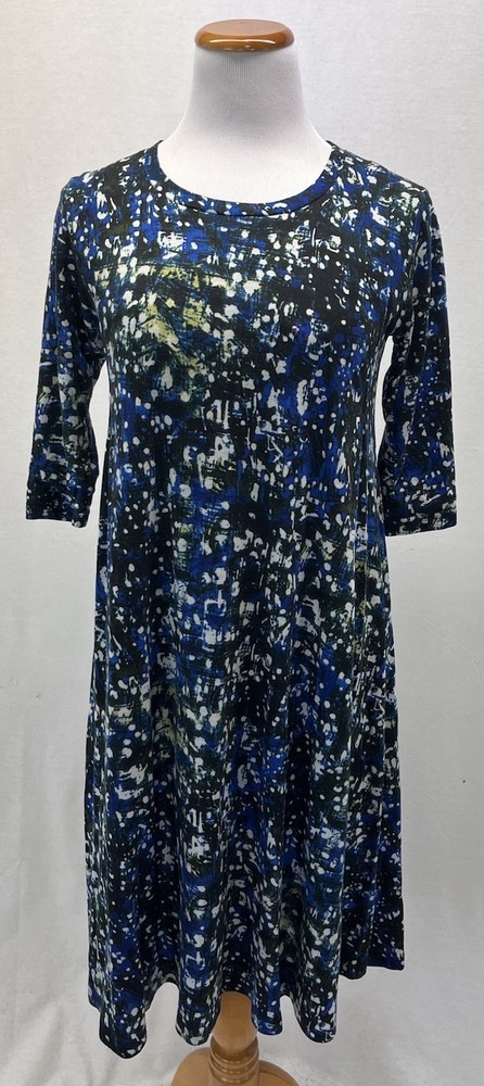 Samantha Sung Black & Blue Print Wool & Tencel 3/4 Sleeve Dress Sz. 6