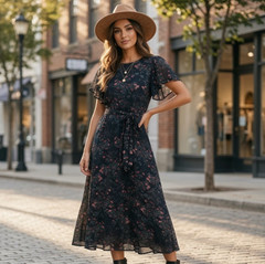 Baltic Born Black Flowy Floral Flutter Sleeve Tie Waist Fit & Flare Midi Size S