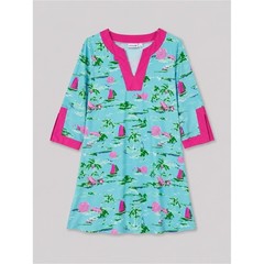 Womens Scuba Knit Dress Medium Pink Aqua Coastal Resort Vacation Beachy Novelty