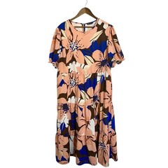 Pretty Garden Midi Dress Womens XL Short Sleeve Floral Brown Blue Orange Cream