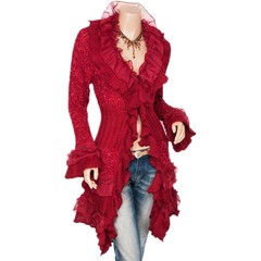 Retro Lady Ruffled Lace Knit Coat Sweater Dress Long Jacket Cardigan Top Jumper
