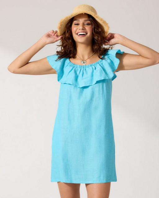 NEW Tommy Bahama Blue Linen Blend Off Shoulder Dress with Pockets Size XS