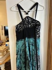 Halter Neck Black Turquoise Open Back Flowy Lightweight Kerchief Dress One Size