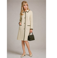 Vintage Wool Long Coat Jacket Large Cream Green Trim 60s Retro Mod Jackie O