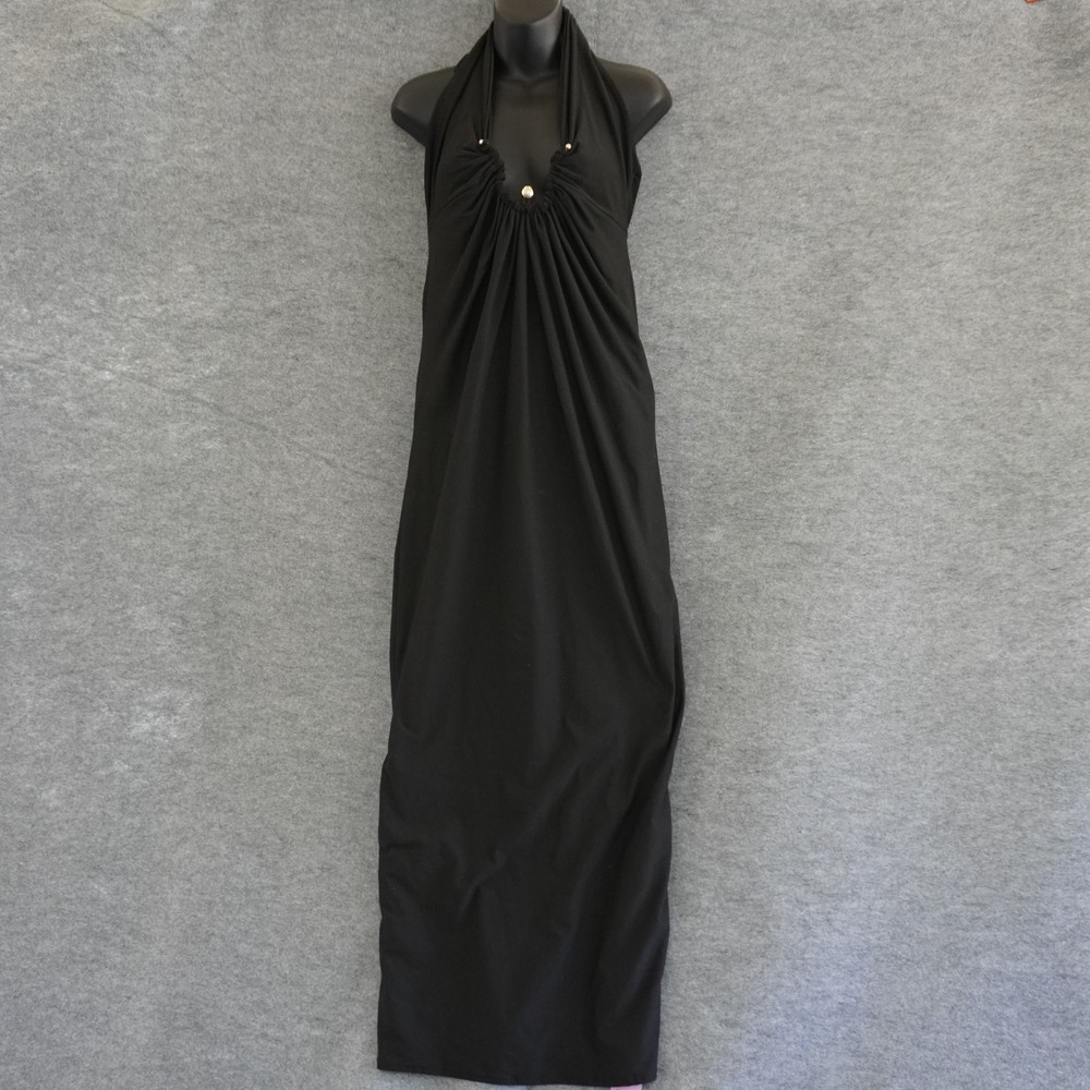 PrettyLittleThing Black Halter Neck Maxi Dress Size 10 US 14 UK Slinky Ruched NW
