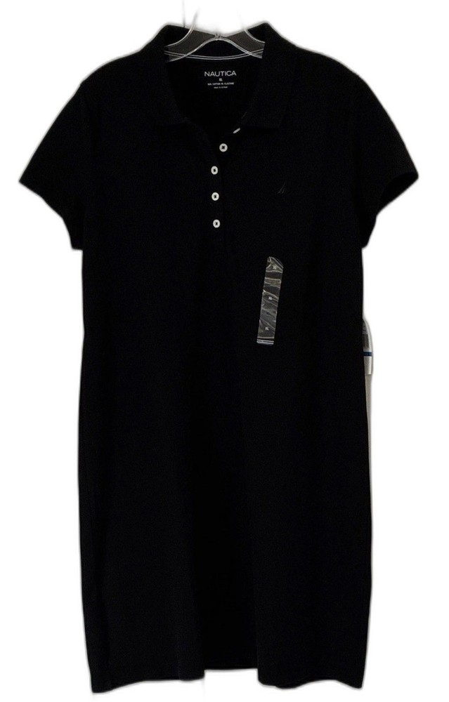 Nautica Black Polo Shirt Dress Collared Short Sleeve Knee XL Cotton Stretch