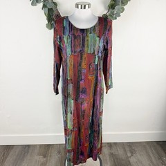 90s Passports Pier One Sheath Dress M Abstract Print Rayon Midi Modest Pleats