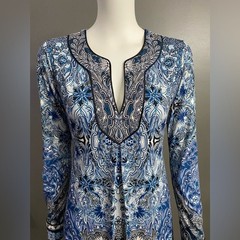 Hale Bob Blue & White Long Sleeve Printed Tunic Dress-XS