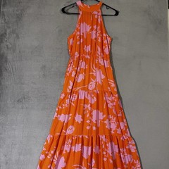 SHEIN Long Maxi Halter Dress Tiered Orange Pink Floral Womens Sz 6 (M) Beachy