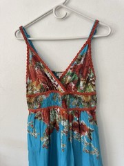 Tropical Turquoise Floral Maxi Dress Boho Smocked Empire Waist Flowy Sundress M
