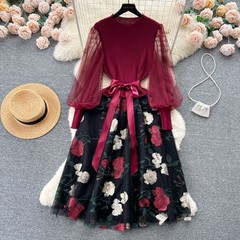 Floral Embroidery Women&rsquo;s Casual Knitted Long Sleeve Midi Swing Party Dress OL