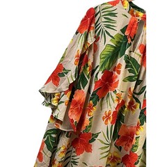 Umgee USA Tropical Floral Hibiscus Mini Dress Tan Orange Green Pockets L A3930