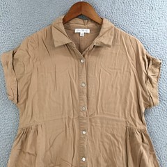 Daily Thread Shirt Mini Dress Womens L Ruffle Short Sleeve Button Front Beige