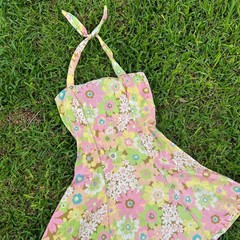 Vintage Girly Floral Tie Halter Flare Mini Dress with Overall Buttons