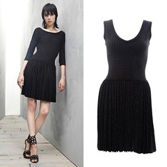 ALAIA S/S 2014 Black Metallic Gold Pinstripe Pleated Knit Drop Waist Dress 42