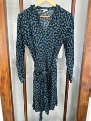 Free Assembly Blue Green Black Pattern Ruffle Tiered Belted Mini Dress Large