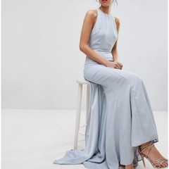 Jarlo Soft Gray Long High Neck Open Back Maxi Dress Bridal Gown Size 14