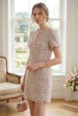Handmade Embellished Frayed Metallic Pink Tweed Mini Dress Size S-XL