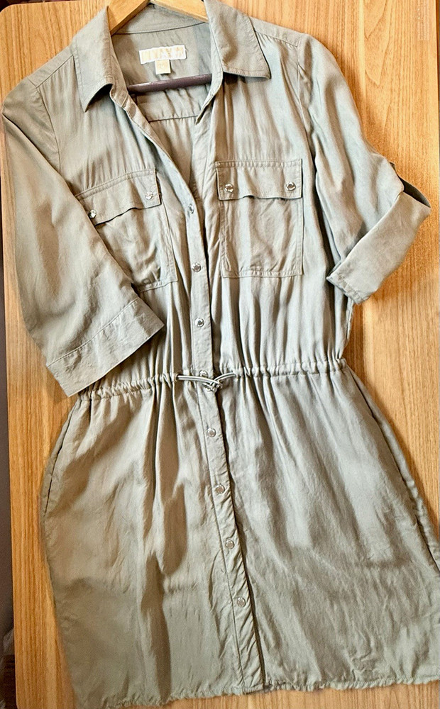 Michael Kors Green Rayon Collared Button Shirt Dress Pockets Drawstring Medium