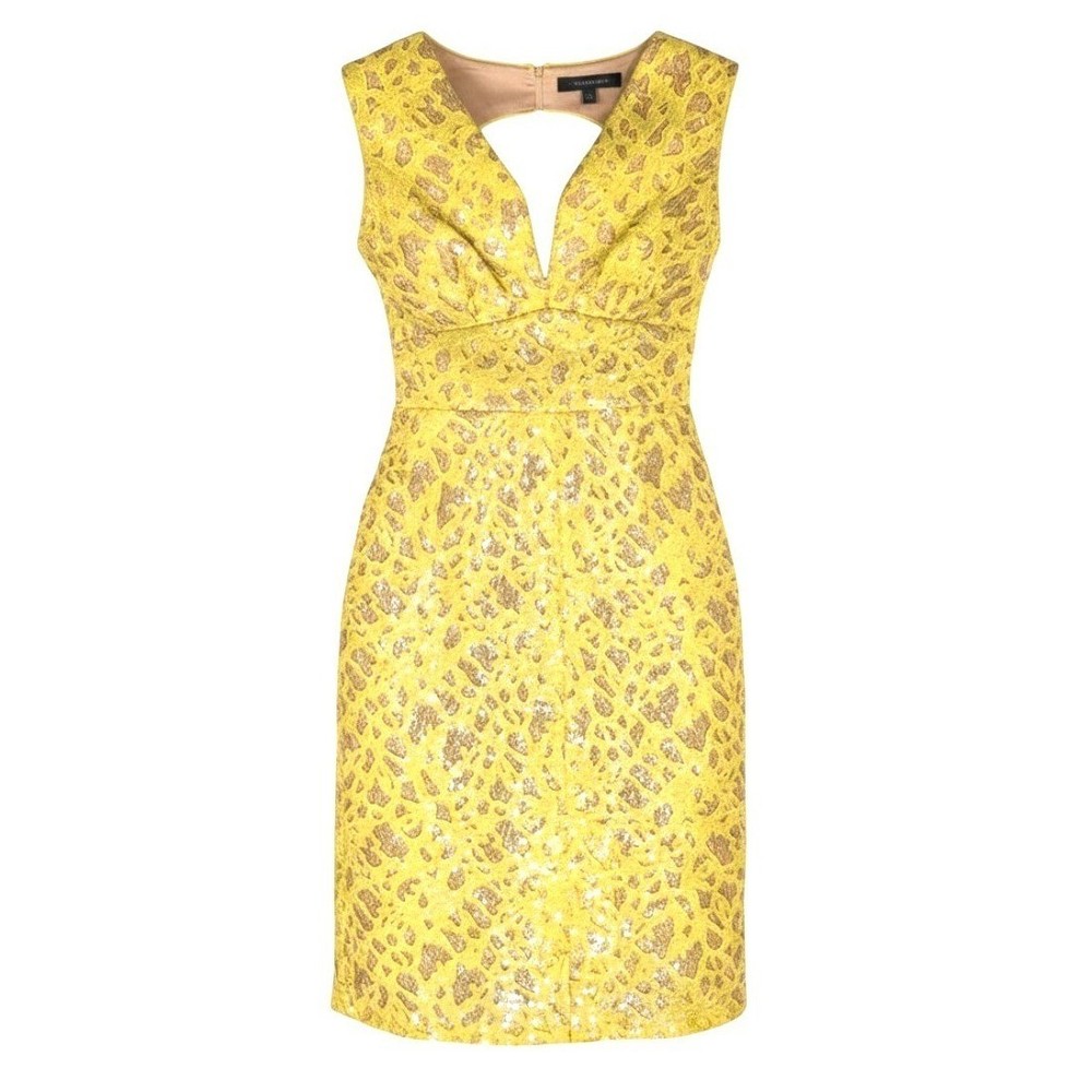 BCBGMAXAZRIA Yellow Sequin Lace Cain Mini Dress Open Back Glam Size 2