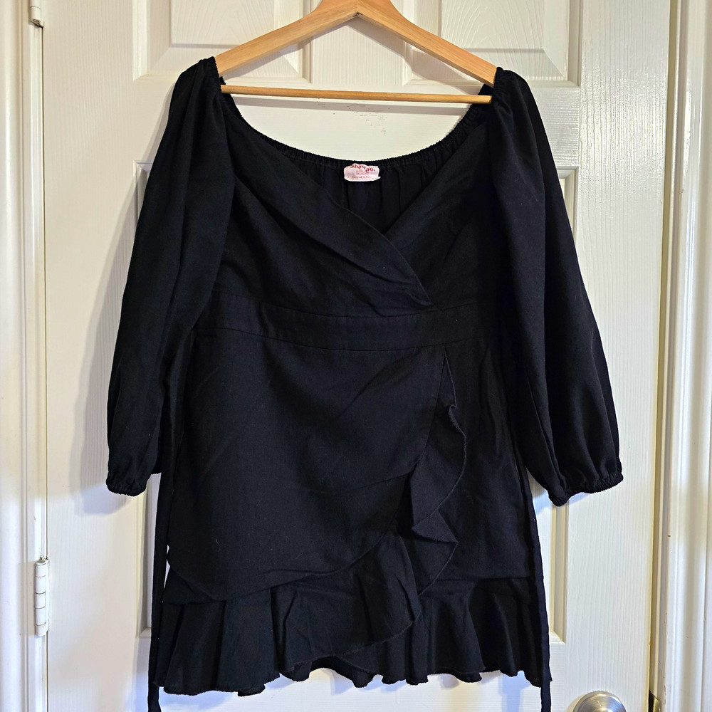 Showpo Women&rsquo;s Black Solid Wrap Mini Dress V-Neck 3/4 Sleeve Tie Belted 14